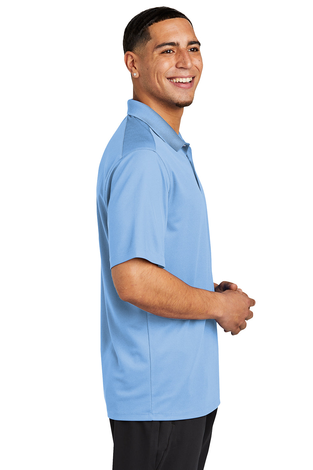 Sport-Tek ST740 Mens Moisture Wicking Micropique Short Sleeve Polo Shirt Carolina Blue Model Side