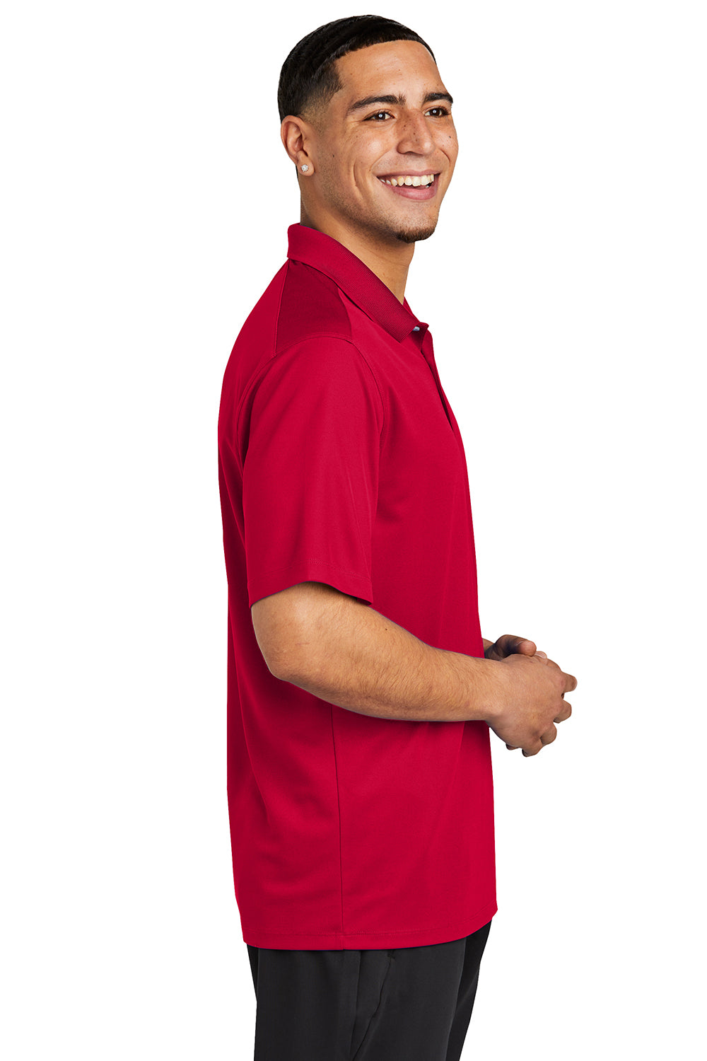 Sport-Tek ST740 Mens Moisture Wicking Micropique Short Sleeve Polo Shirt Deep Red Model Side