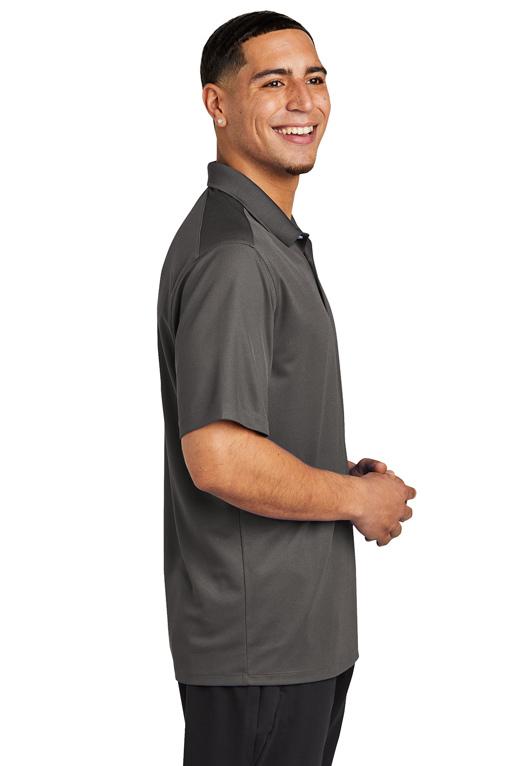 Sport-Tek ST740 Mens Moisture Wicking Micropique Short Sleeve Polo Shirt Graphite Grey Model Side