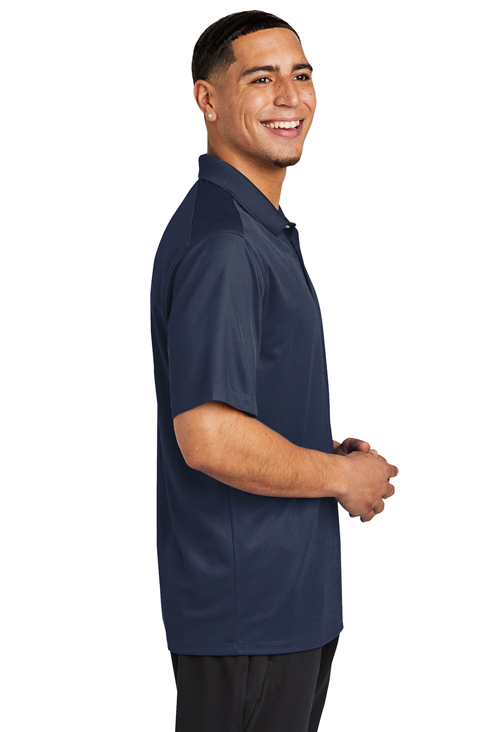 Sport-Tek ST740 Mens Moisture Wicking Micropique Short Sleeve Polo Shirt True Navy Blue Model Side