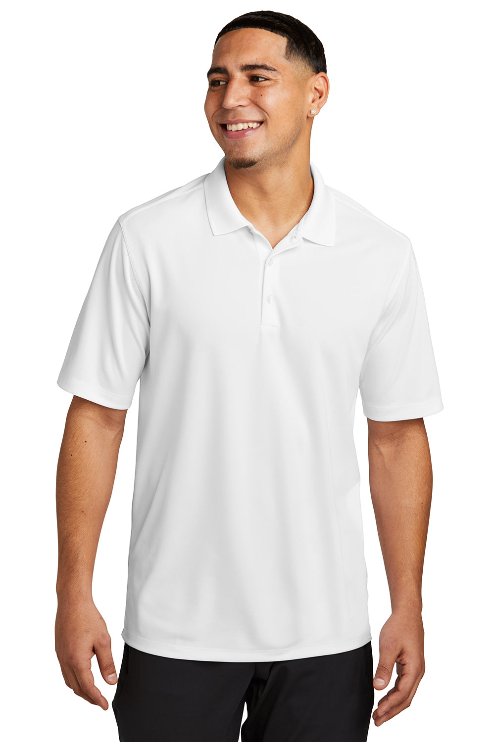 Sport-Tek ST740 Mens Moisture Wicking Micropique Short Sleeve Polo Shirt White Model Front