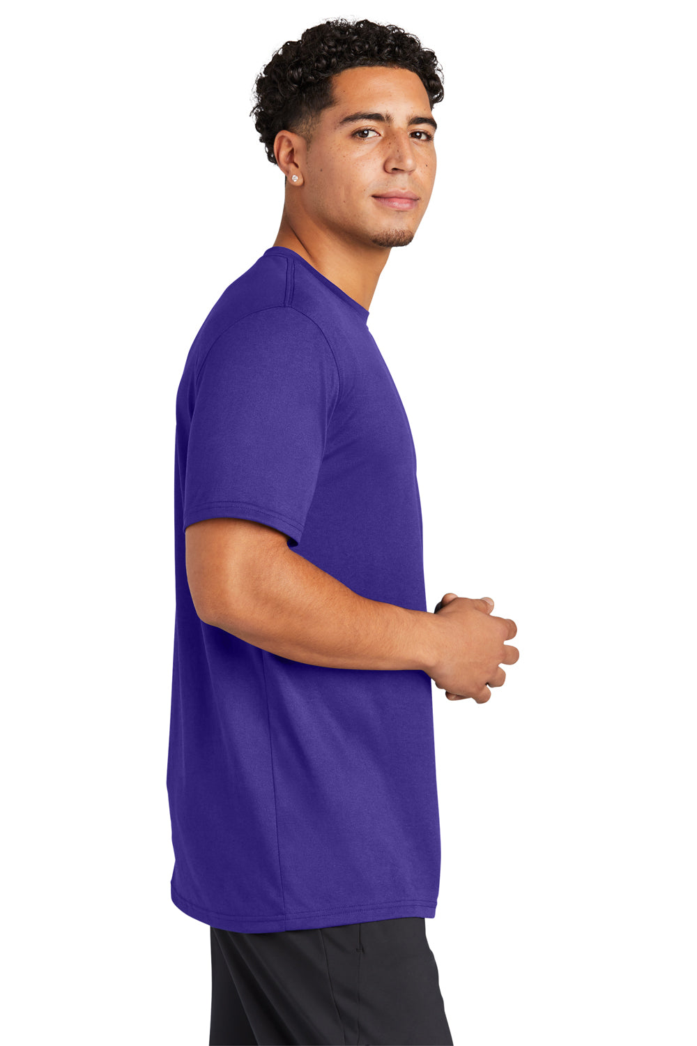 Sport-Tek ST760 Mens Echo Moisture Wicking Short Sleeve Crewneck T-Shirt Purple Model Side