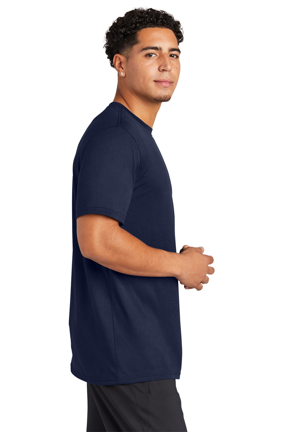 Sport-Tek ST760 Mens Echo Moisture Wicking Short Sleeve Crewneck T-Shirt True Navy Blue Model Side