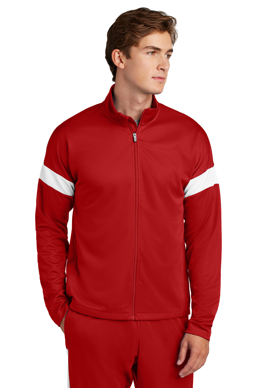 Sport-Tek ST800 Mens Travel Full Zip Jacket Deep Red/White Model Front