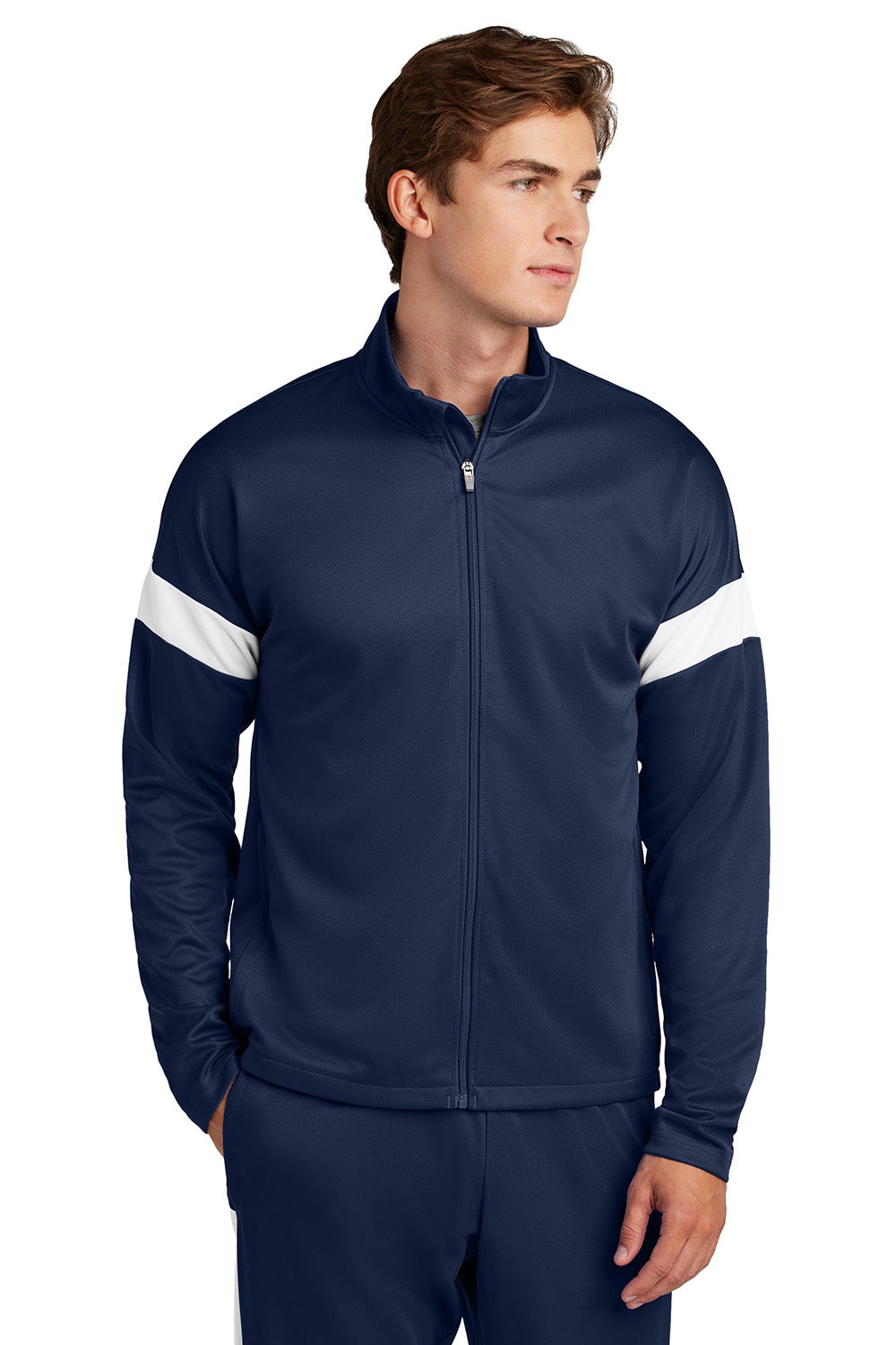 Sport-Tek ST800 Mens Travel Full Zip Jacket True Navy Blue/White Model Front