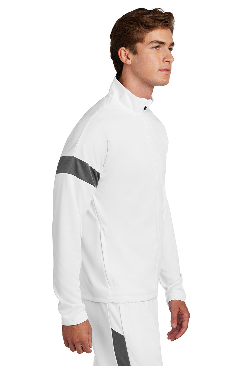 Sport-Tek ST800 Mens Travel Full Zip Jacket White/Iron Grey Model Side