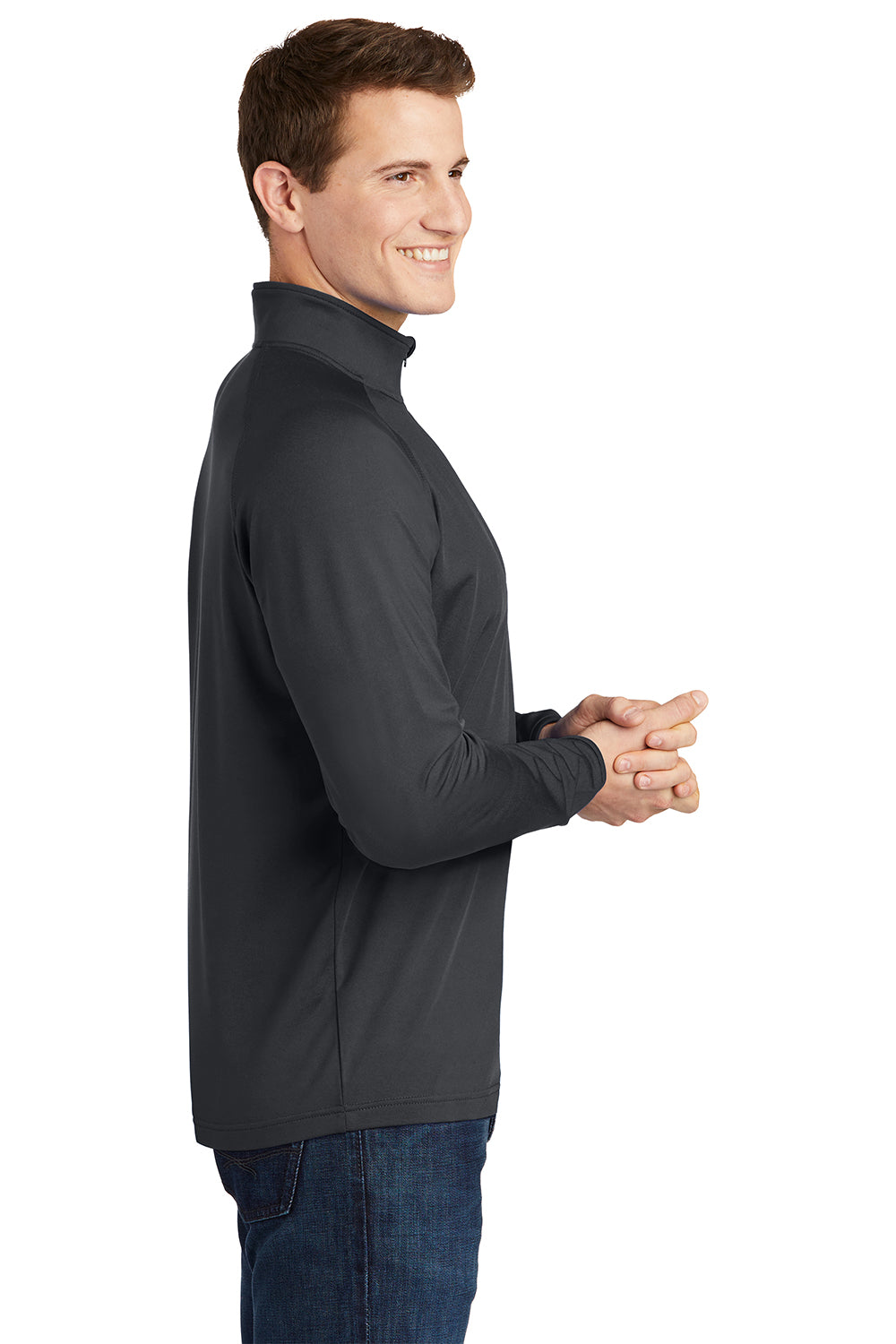 Sport-Tek ST850/TST850 Mens Sport-Wick Moisture Wicking 1/4 Zip Sweatshirt Charcoal Grey Model Side