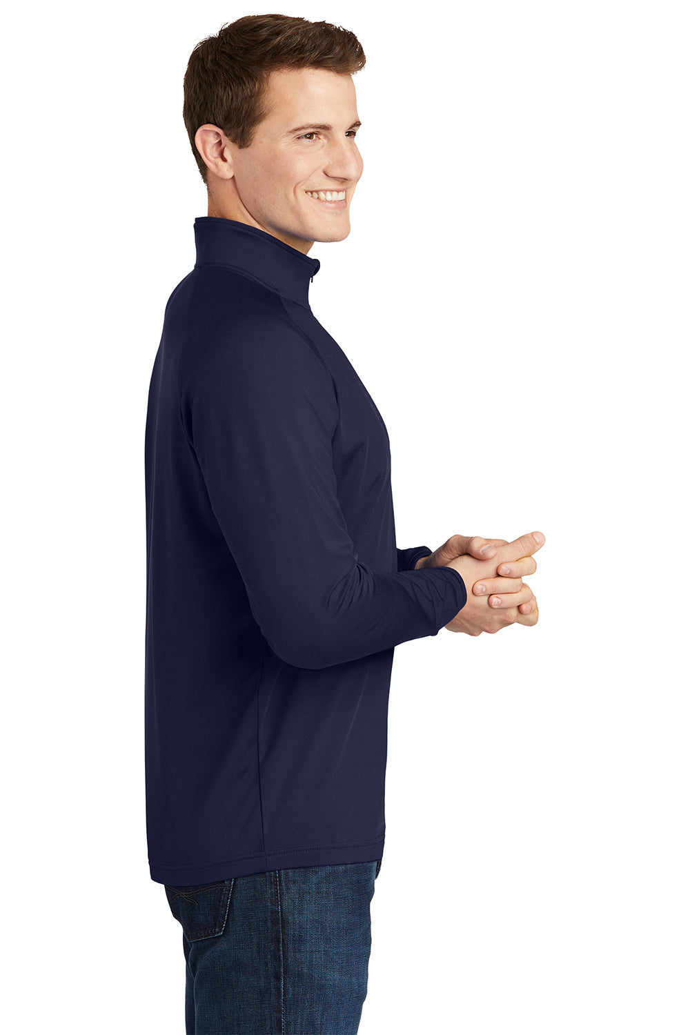 Sport-Tek ST850/TST850 Mens Sport-Wick Moisture Wicking 1/4 Zip Sweatshirt True Navy Blue Model Side