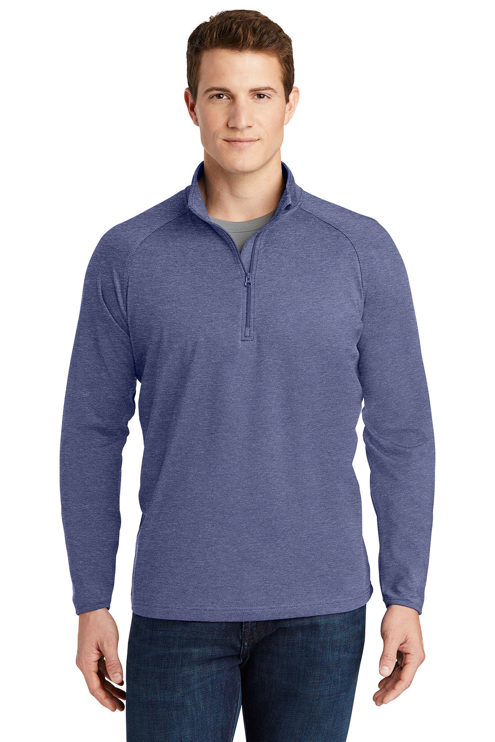 Sport-Tek ST850/TST850 Mens Sport-Wick Moisture Wicking 1/4 Zip Sweatshirt Heather True Navy Blue Model Front