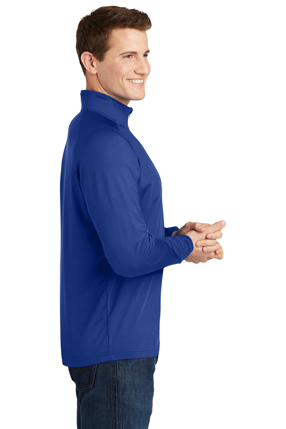 Sport-Tek ST850/TST850 Mens Sport-Wick Moisture Wicking 1/4 Zip Sweatshirt True Royal Blue Model Side