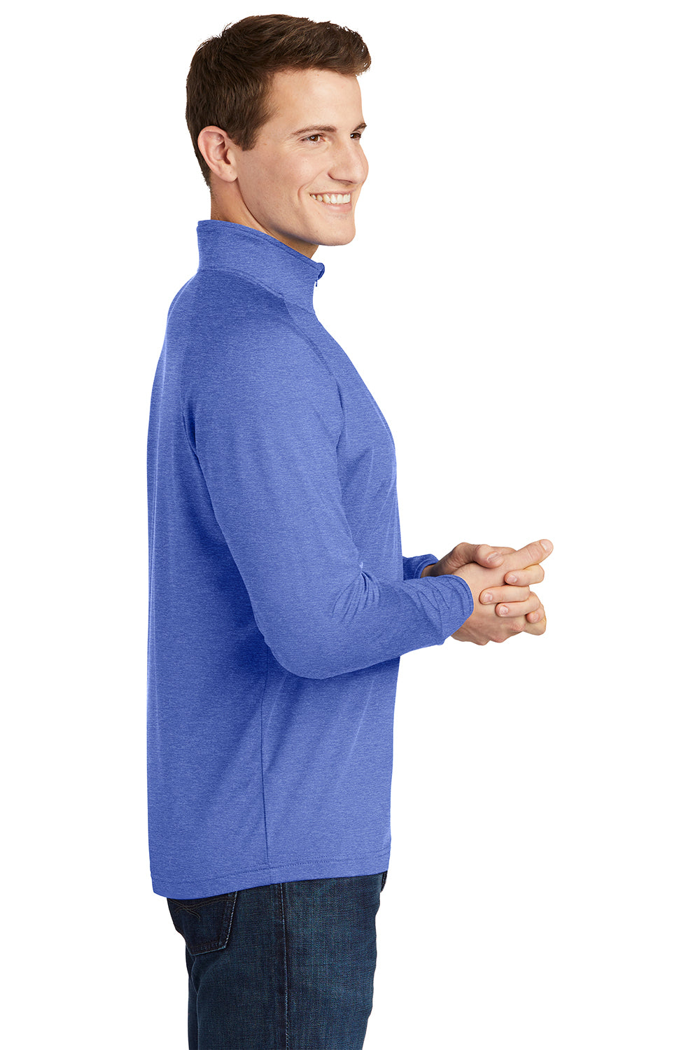 Sport-Tek ST850/TST850 Mens Sport-Wick Moisture Wicking 1/4 Zip Sweatshirt Heather True Royal Blue Model Side