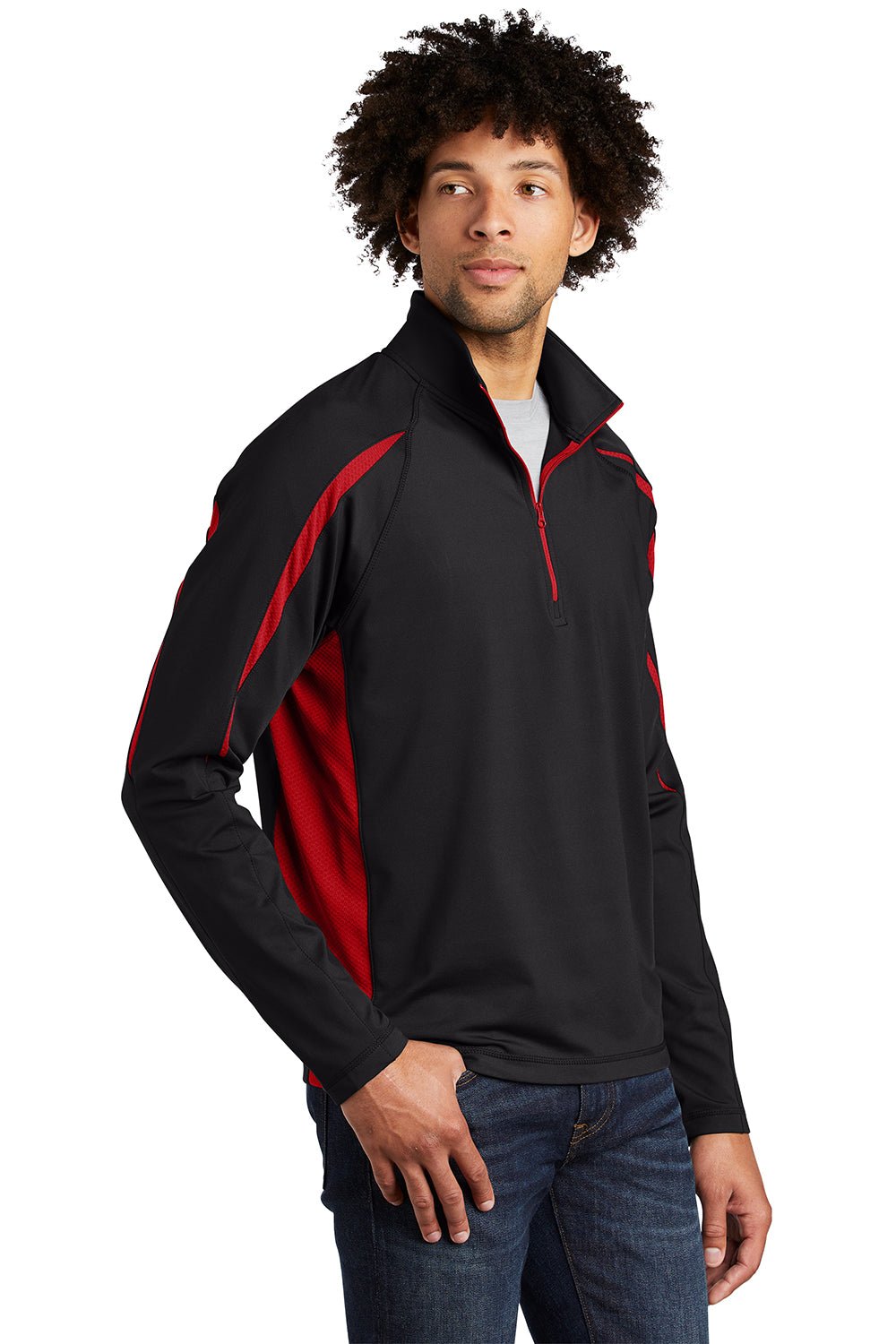 Sport-Tek ST851 Mens Sport-Wick Moisture Wicking 1/4 Zip Sweatshirt Black/True Red Model 3q