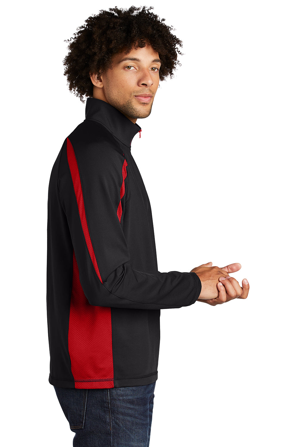 Sport-Tek ST851 Mens Sport-Wick Moisture Wicking 1/4 Zip Sweatshirt Black/True Red Model Side