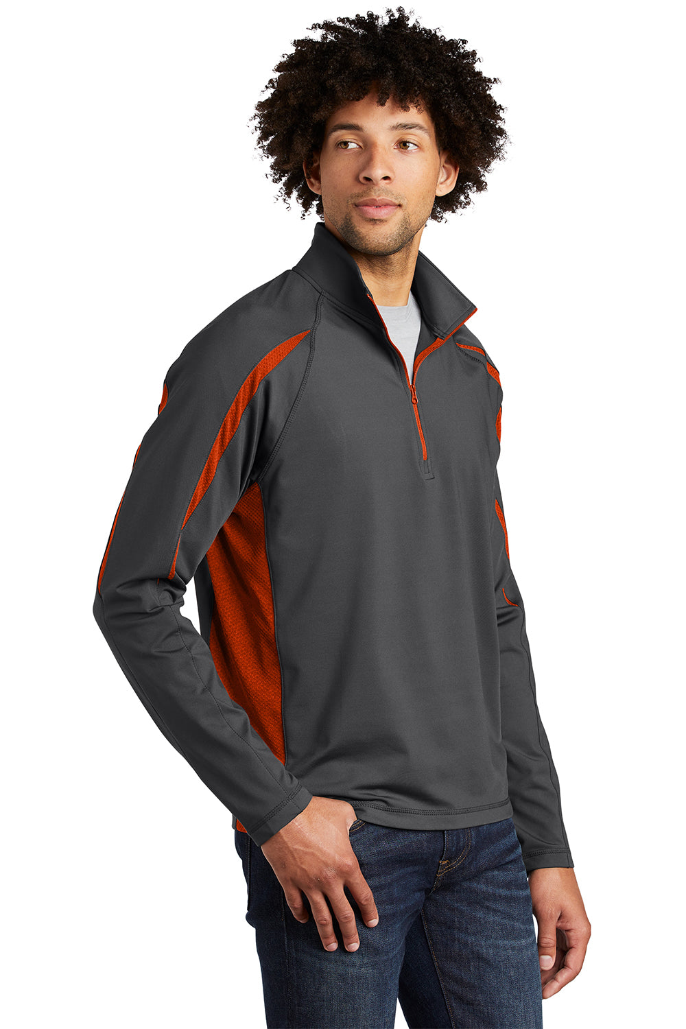 Sport-Tek ST851 Mens Sport-Wick Moisture Wicking 1/4 Zip Sweatshirt Charcoal Grey/Deep Orange Model 3q