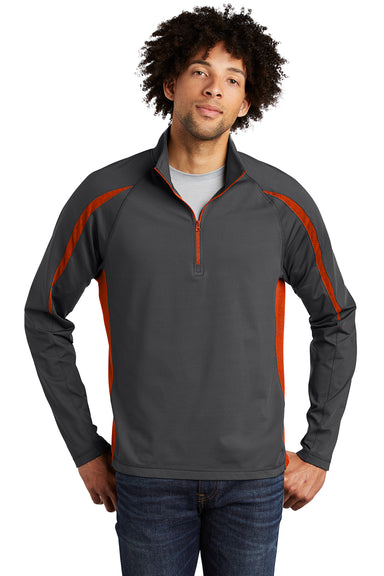 Sport-Tek ST851 Mens Sport-Wick Moisture Wicking 1/4 Zip Sweatshirt Charcoal Grey/Deep Orange Model Front