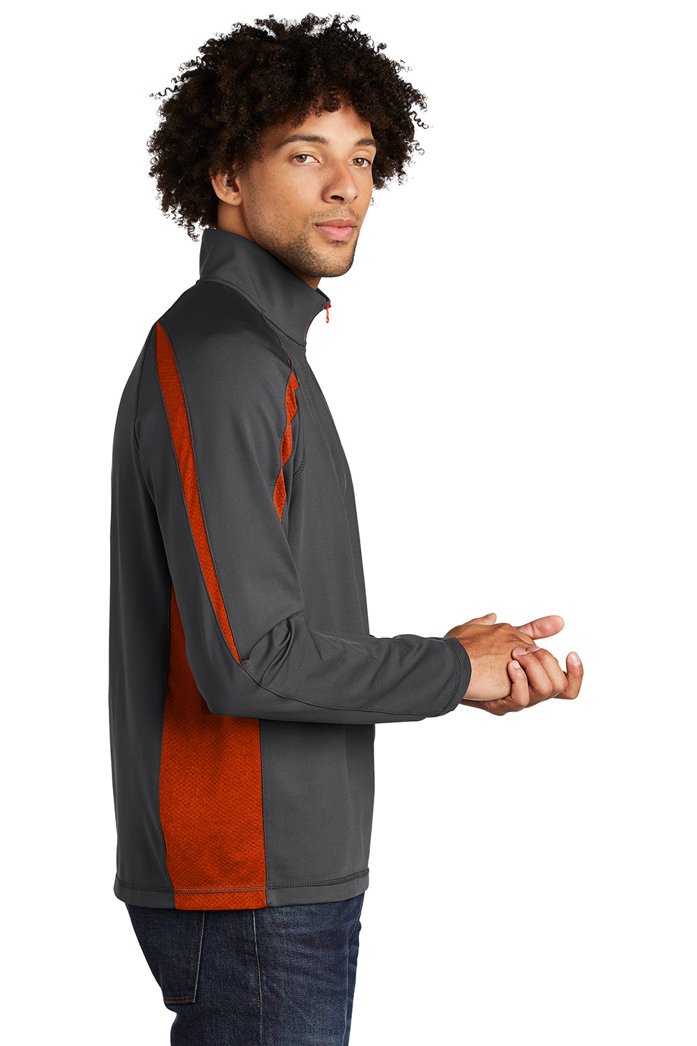 Sport-Tek ST851 Mens Sport-Wick Moisture Wicking 1/4 Zip Sweatshirt Charcoal Grey/Deep Orange Model Side