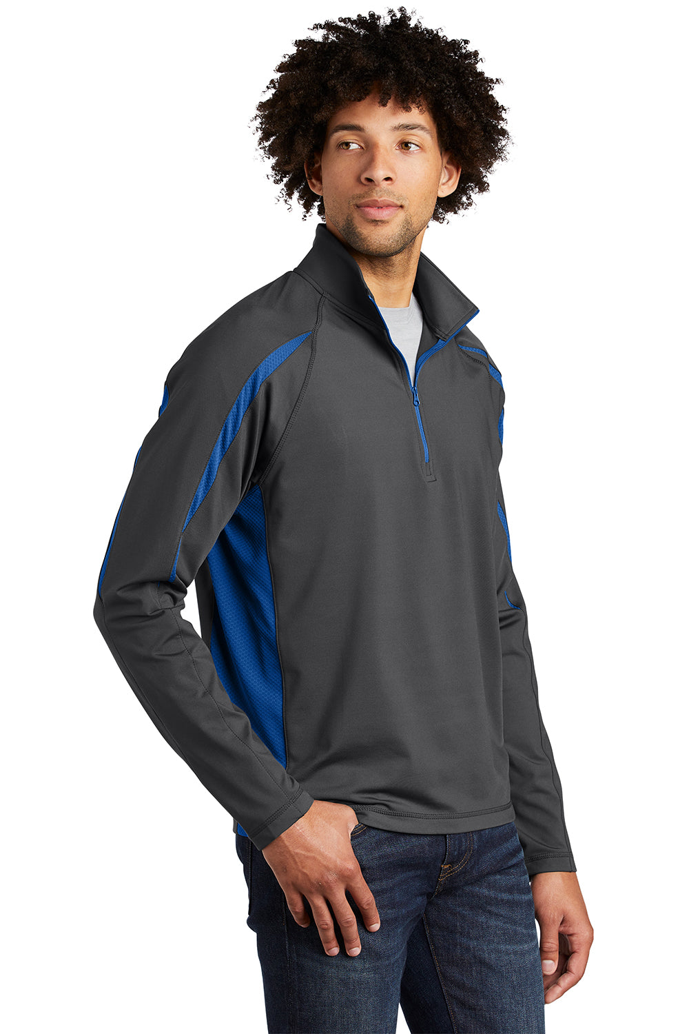 Sport-Tek ST851 Mens Sport-Wick Moisture Wicking 1/4 Zip Sweatshirt Charcoal Grey/True Royal Blue Model 3q