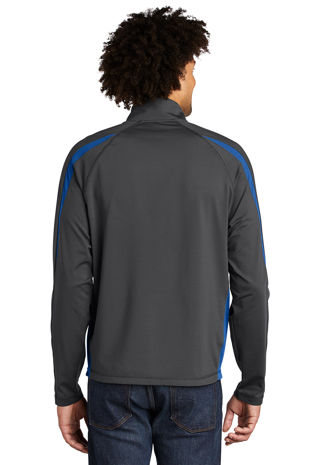 Sport-Tek ST851 Mens Sport-Wick Moisture Wicking 1/4 Zip Sweatshirt Charcoal Grey/True Royal Blue Model Back