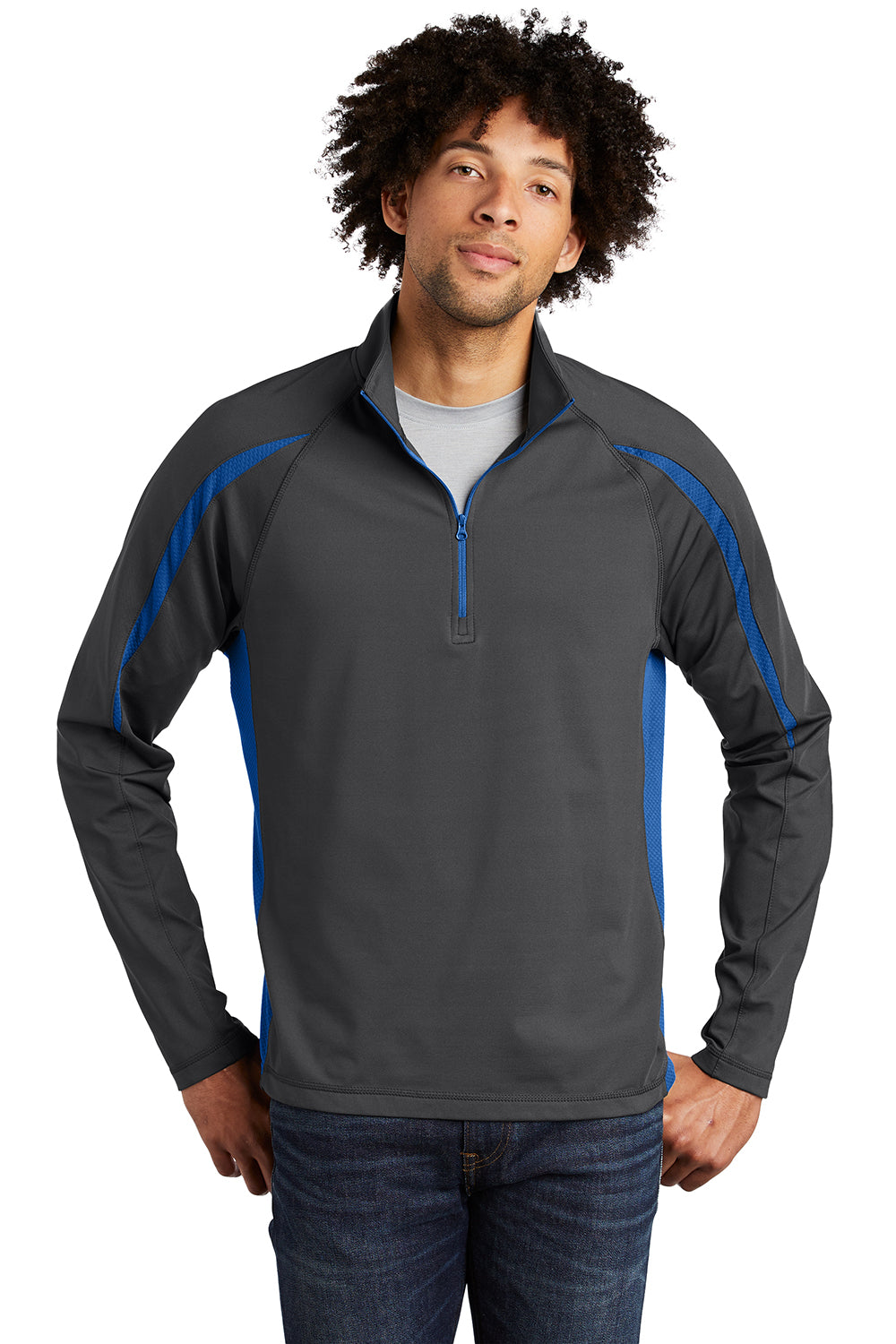 Sport-Tek ST851 Mens Sport-Wick Moisture Wicking 1/4 Zip Sweatshirt Charcoal Grey/True Royal Blue Model Front