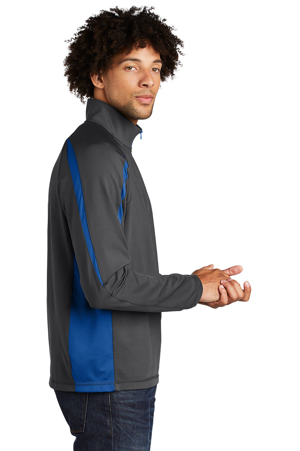 Sport-Tek ST851 Mens Sport-Wick Moisture Wicking 1/4 Zip Sweatshirt Charcoal Grey/True Royal Blue Model Side