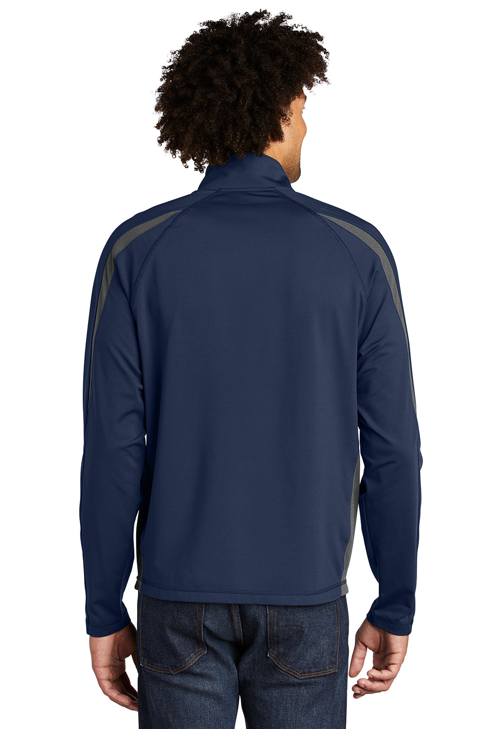 Sport-Tek ST851 Mens Sport-Wick Moisture Wicking 1/4 Zip Sweatshirt True Navy Blue/Charcoal Grey Model Back