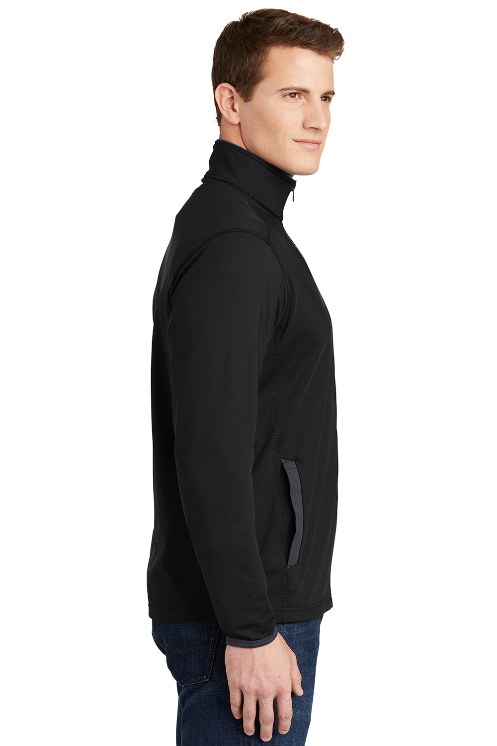 Sport-Tek ST853 Mens Sport-Wick Moisture Wicking Full Zip Jacket Black/Charcoal Grey Model Side