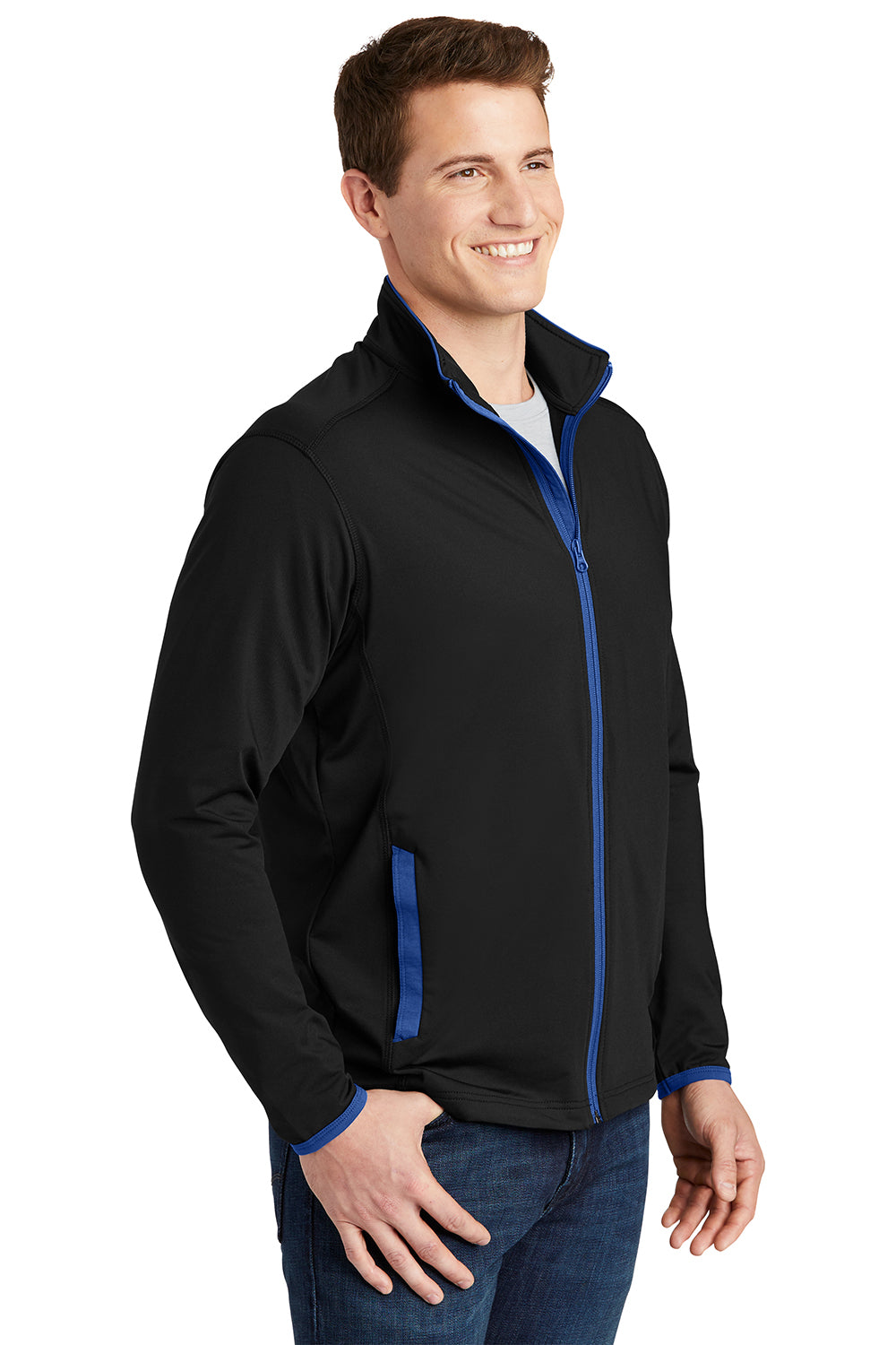 Sport-Tek ST853 Mens Sport-Wick Moisture Wicking Full Zip Jacket Black/True Royal Blue Model 3q