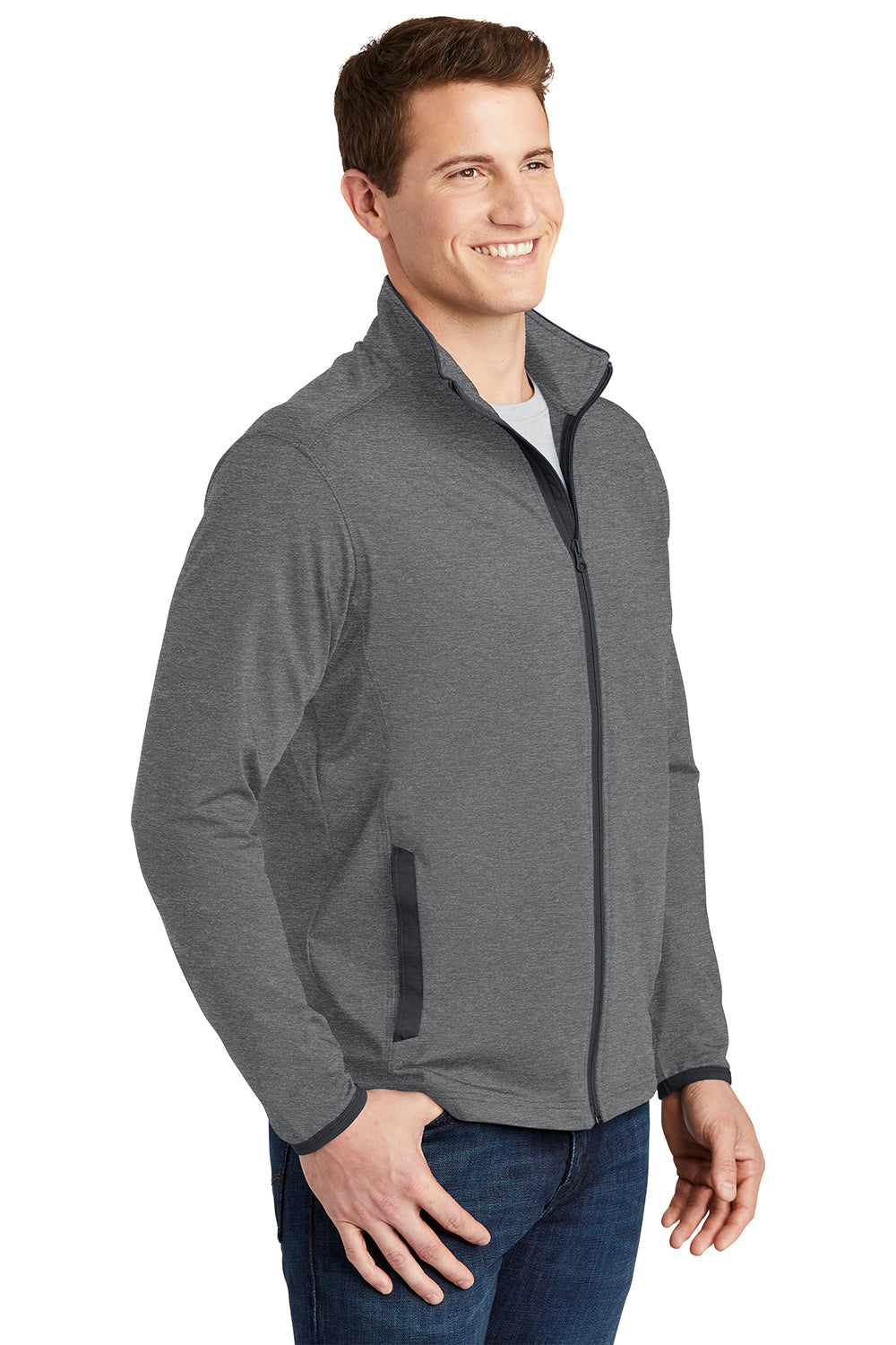 Sport-Tek ST853 Mens Sport-Wick Moisture Wicking Full Zip Jacket Heather Charcoal Grey/Charcoal Grey Model 3q