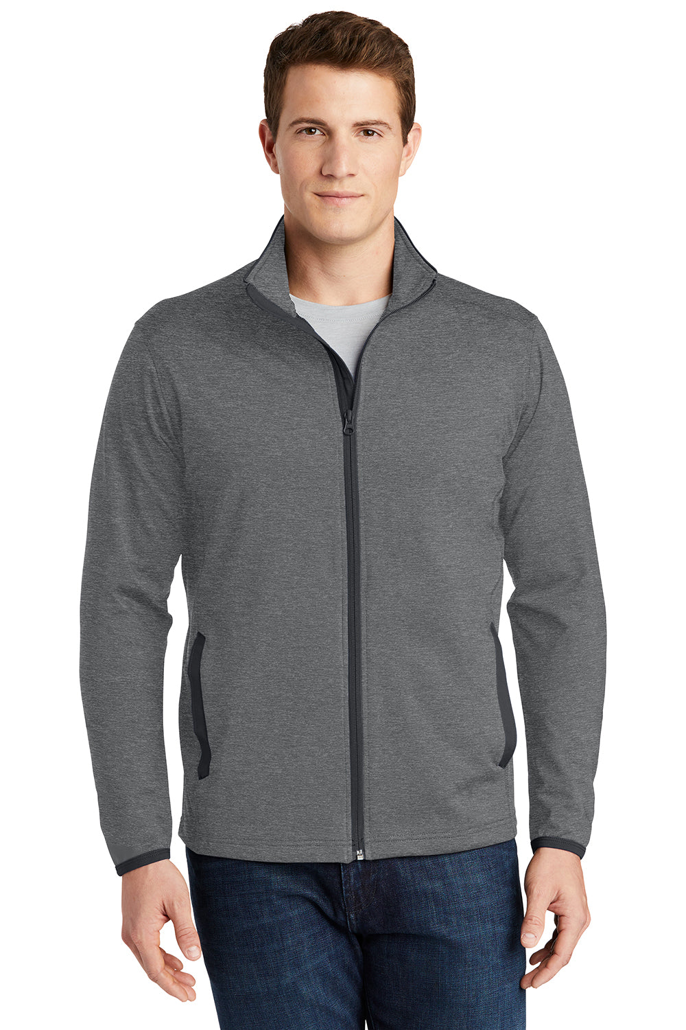 Sport-Tek ST853 Mens Sport-Wick Moisture Wicking Full Zip Jacket Heather Charcoal Grey/Charcoal Grey Model Front