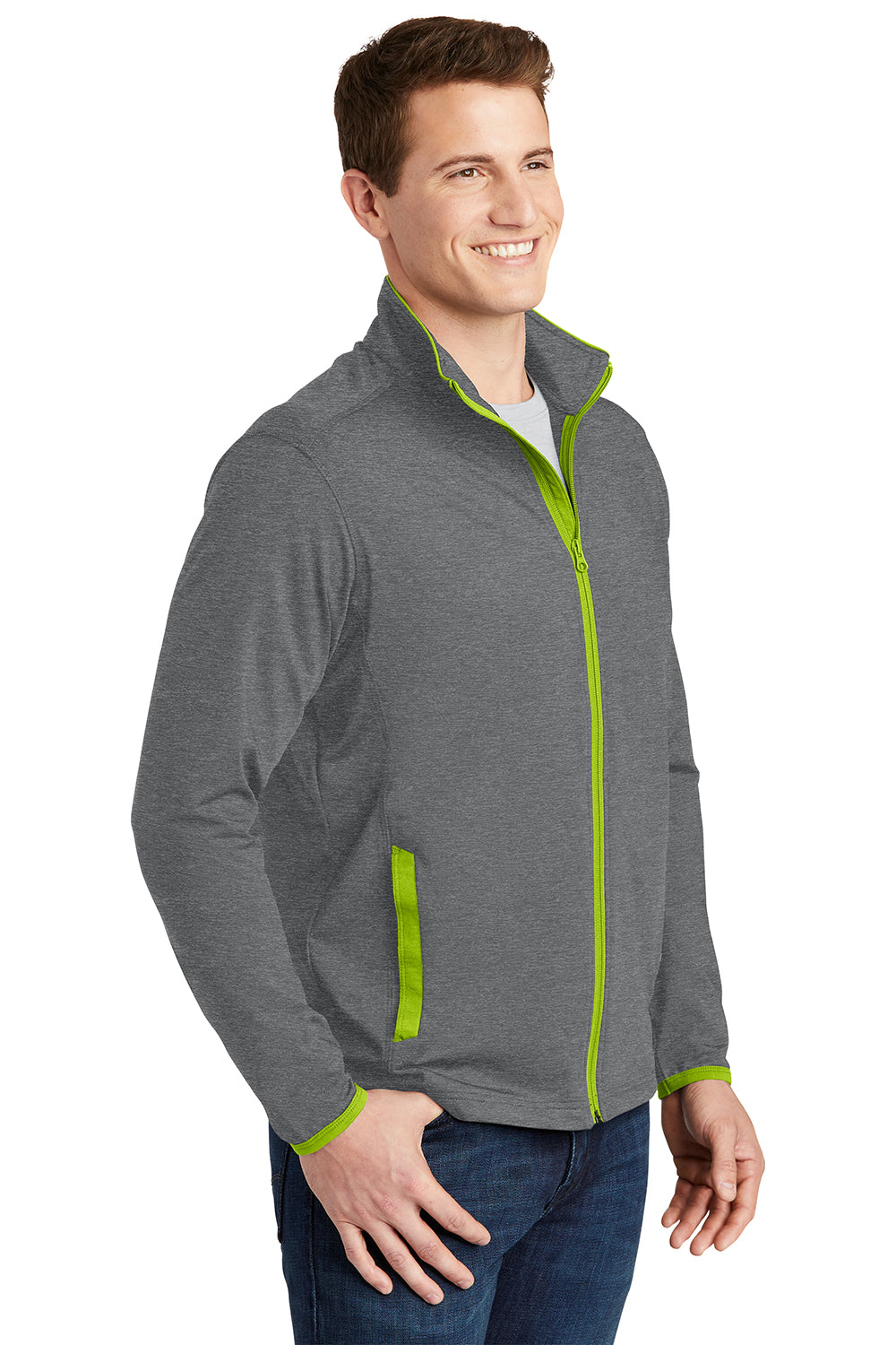 Sport-Tek ST853 Mens Sport-Wick Moisture Wicking Full Zip Jacket Heather Charcoal Grey/Charge Green Model 3q