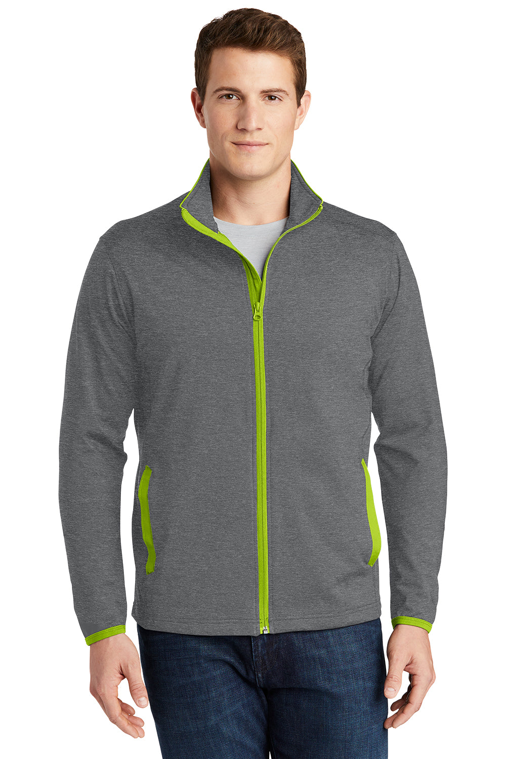 Sport Tek ST853 Mens Heather Charcoal Grey Charge Green Sport Wick Moisture Wicking Full Zip Jacket BigTopShirtShop