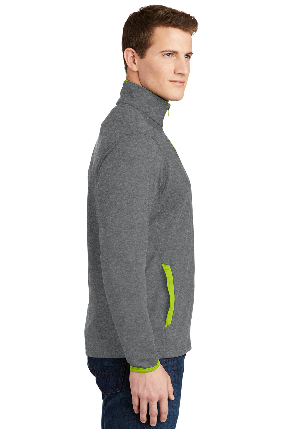 Sport-Tek ST853 Mens Sport-Wick Moisture Wicking Full Zip Jacket Heather Charcoal Grey/Charge Green Model Side