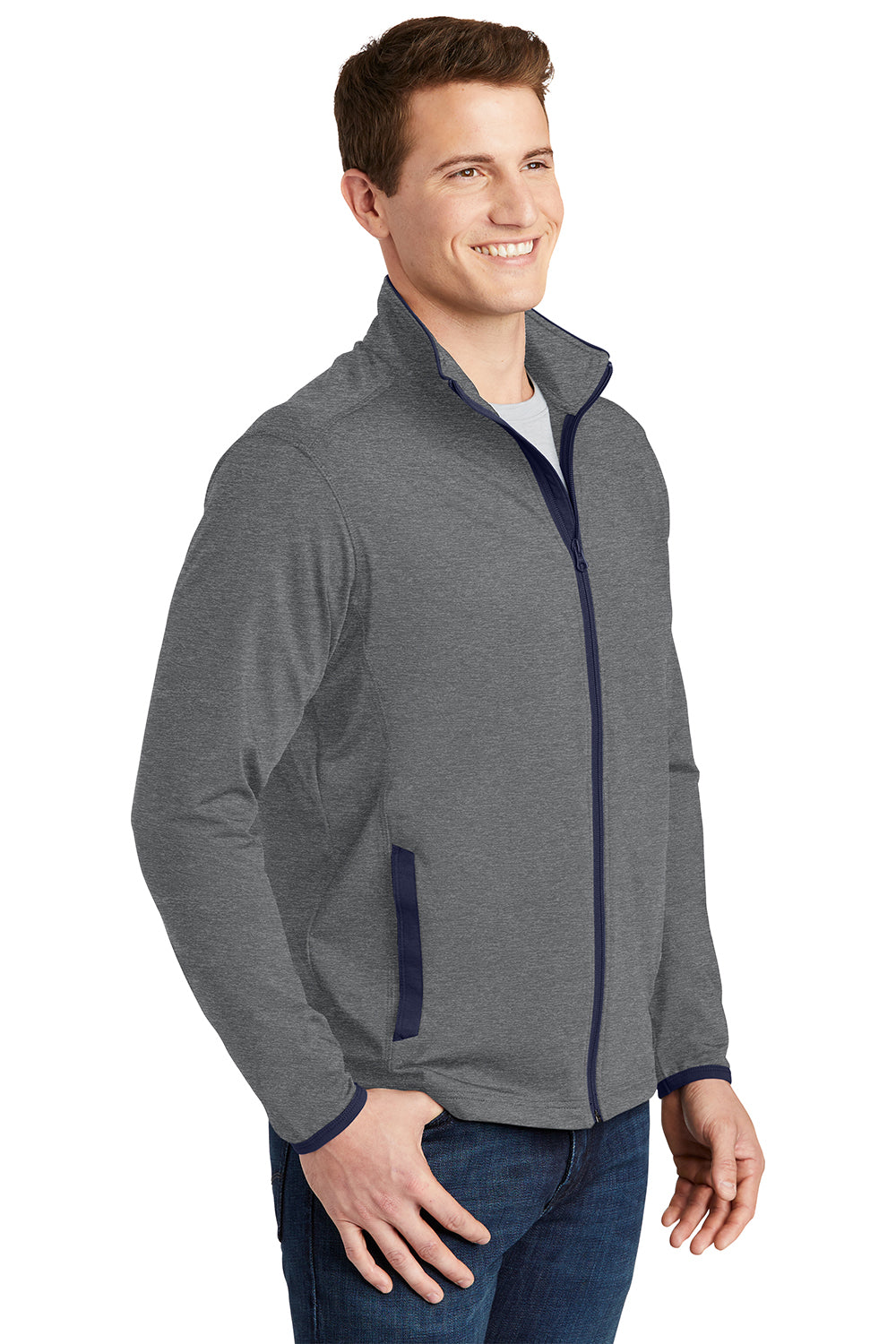 Sport-Tek ST853 Mens Sport-Wick Moisture Wicking Full Zip Jacket Heather Charcoal Grey/True Navy Blue Model 3q