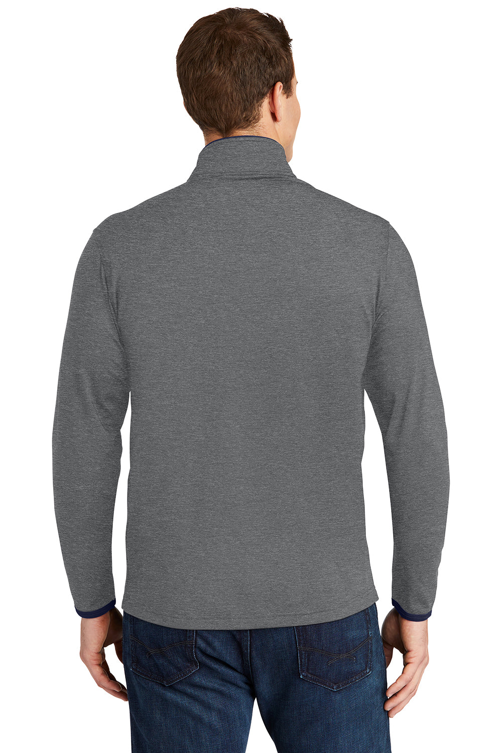 Sport-Tek ST853 Mens Sport-Wick Moisture Wicking Full Zip Jacket Heather Charcoal Grey/True Navy Blue Model Back