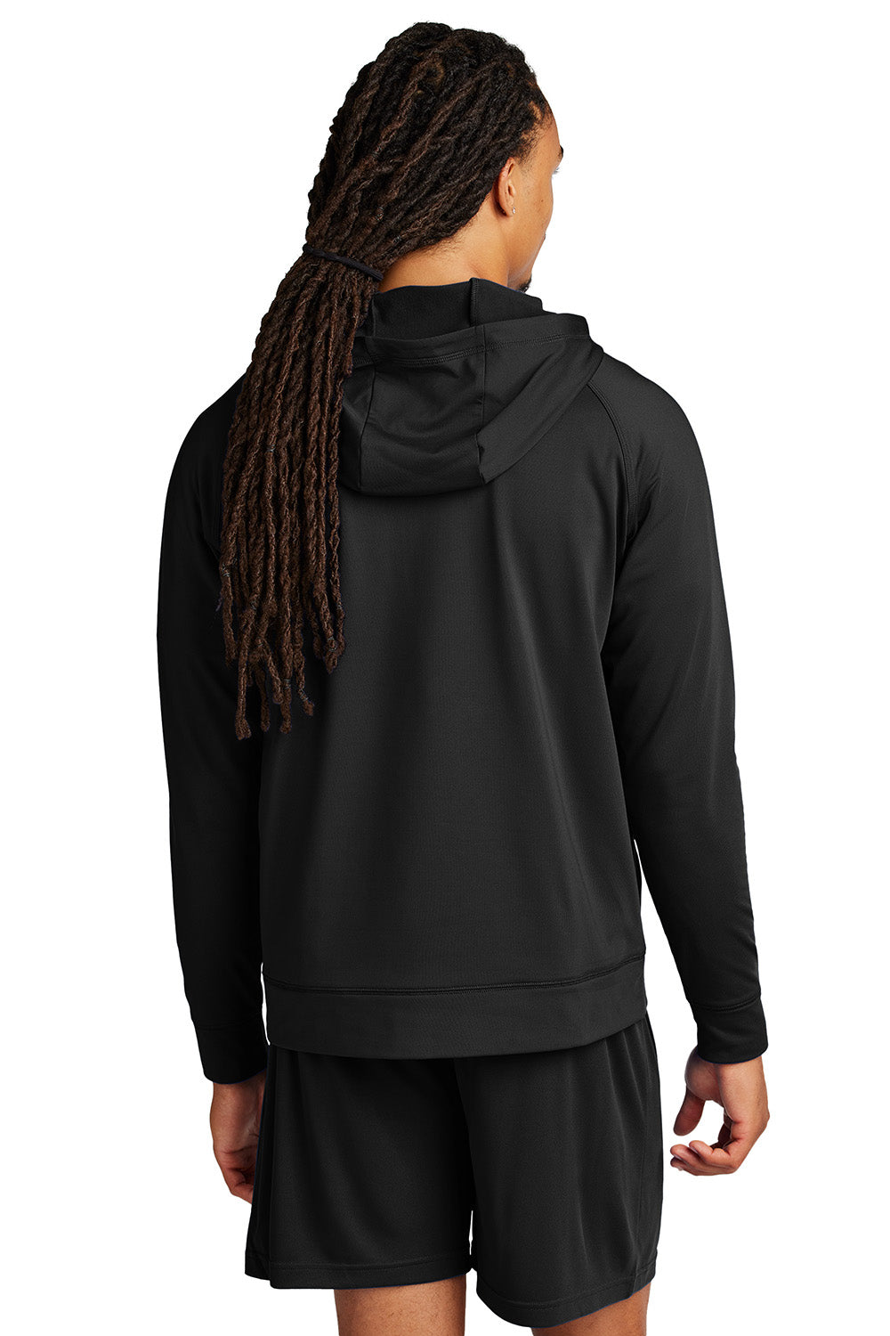 Sport-Tek ST856 Mens Sport-Wick Stretch 1/4 Zip Hooded Sweatshirt Hoodie Black Model Back