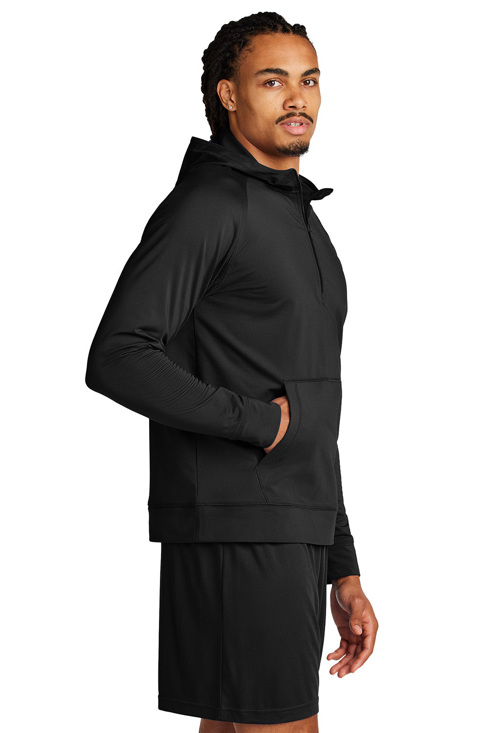 Sport-Tek ST856 Mens Sport-Wick Stretch 1/4 Zip Hooded Sweatshirt Hoodie Black Model Side