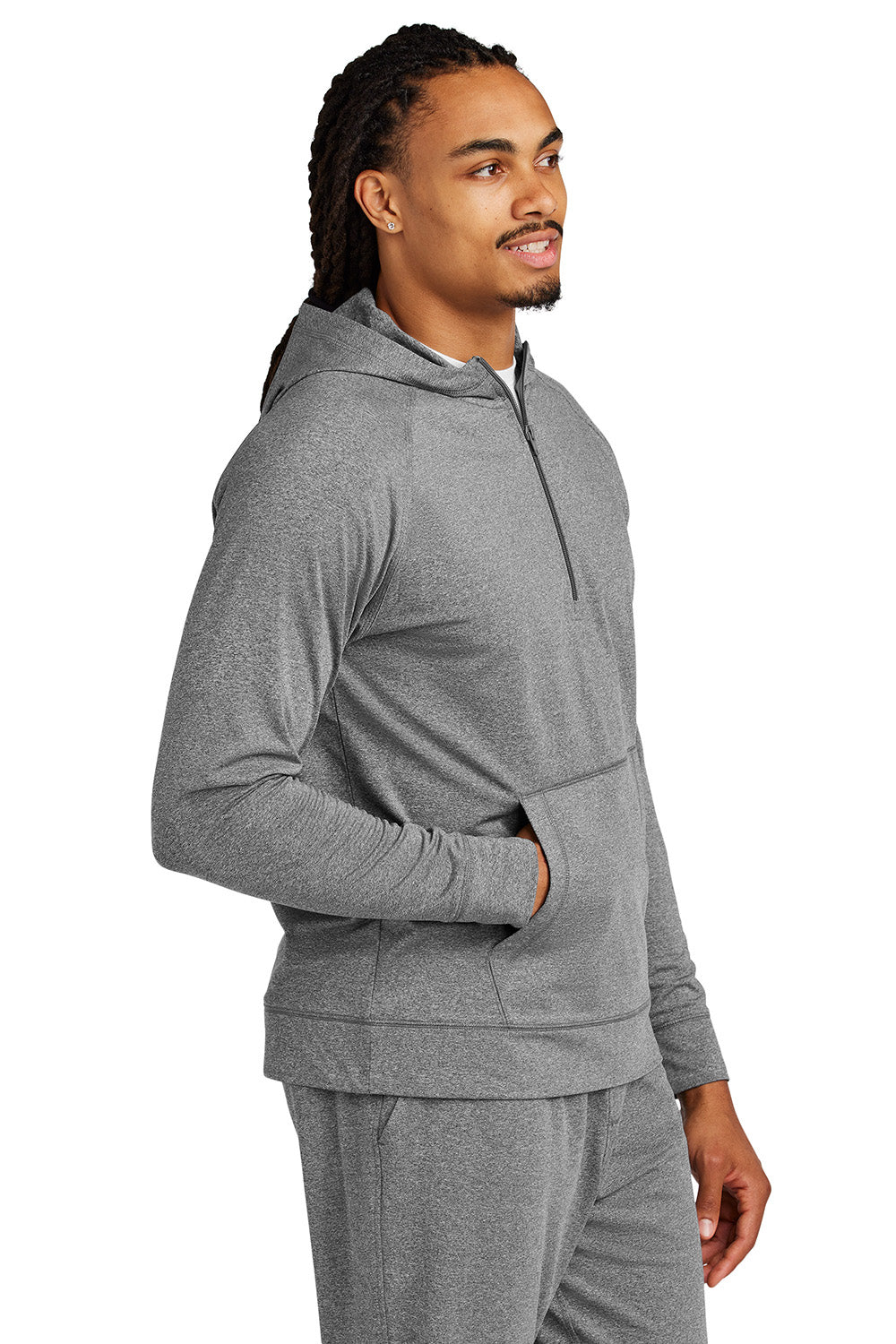 Sport-Tek ST856 Mens Sport-Wick Stretch 1/4 Zip Hooded Sweatshirt Hoodie Heather Charcoal Grey Model Side