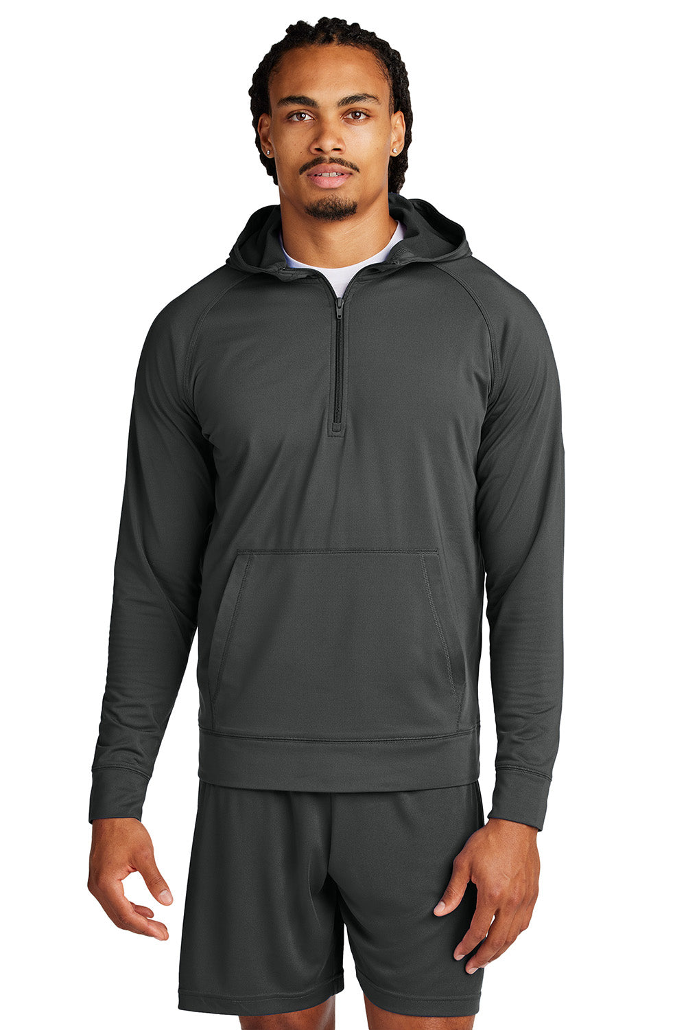 Sport-Tek ST856 Mens Sport-Wick Stretch 1/4 Zip Hooded Sweatshirt Hoodie Charcoal Grey Model Front