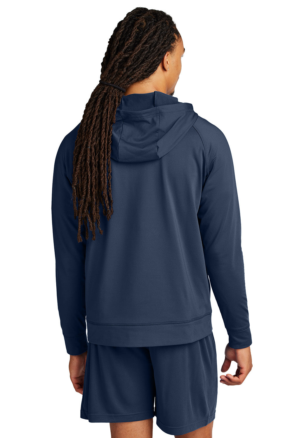 Sport-Tek ST856 Mens Sport-Wick Stretch 1/4 Zip Hooded Sweatshirt Hoodie True Navy Blue Model Back