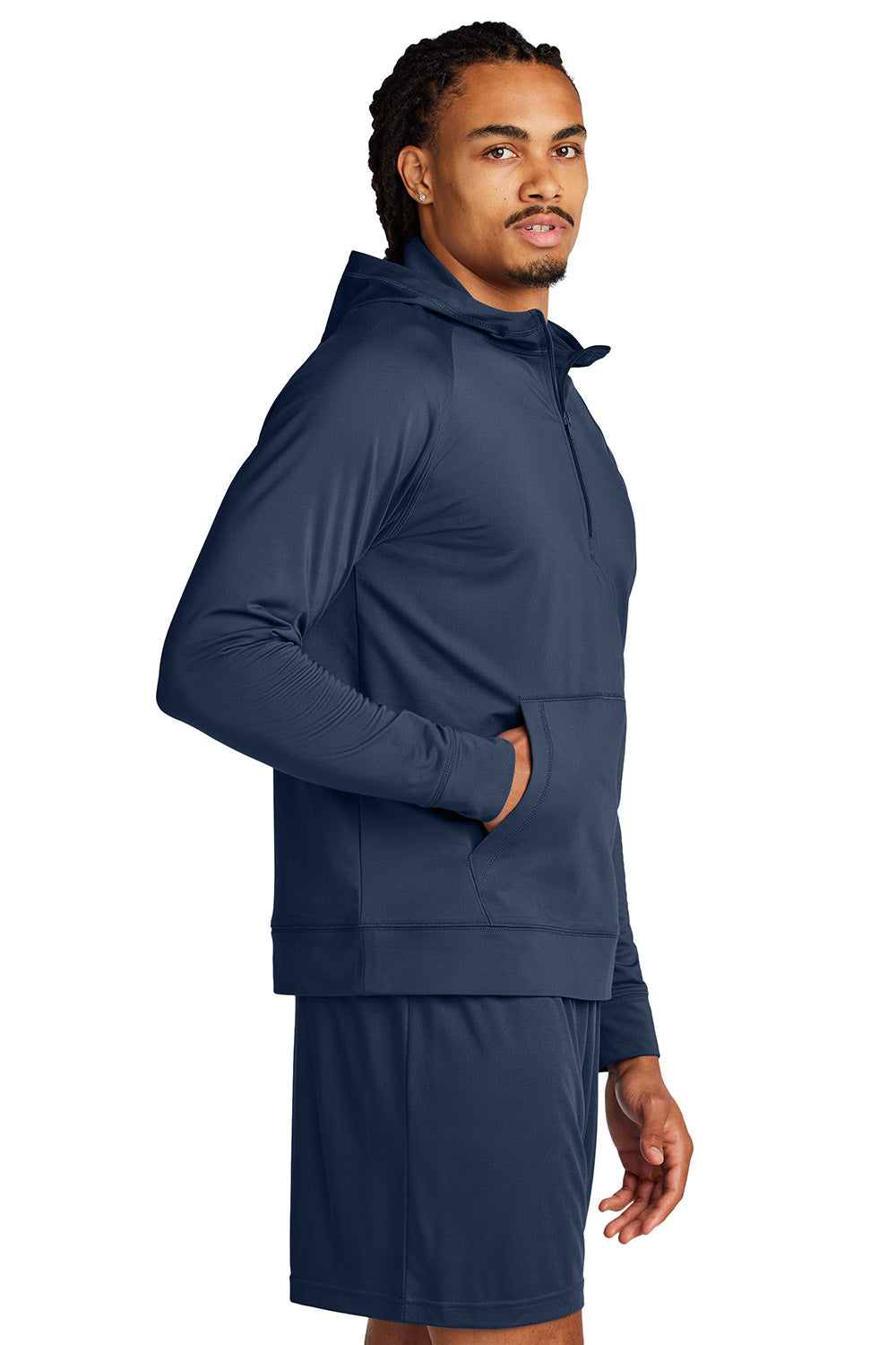 Sport-Tek ST856 Mens Sport-Wick Stretch 1/4 Zip Hooded Sweatshirt Hoodie True Navy Blue Model Side