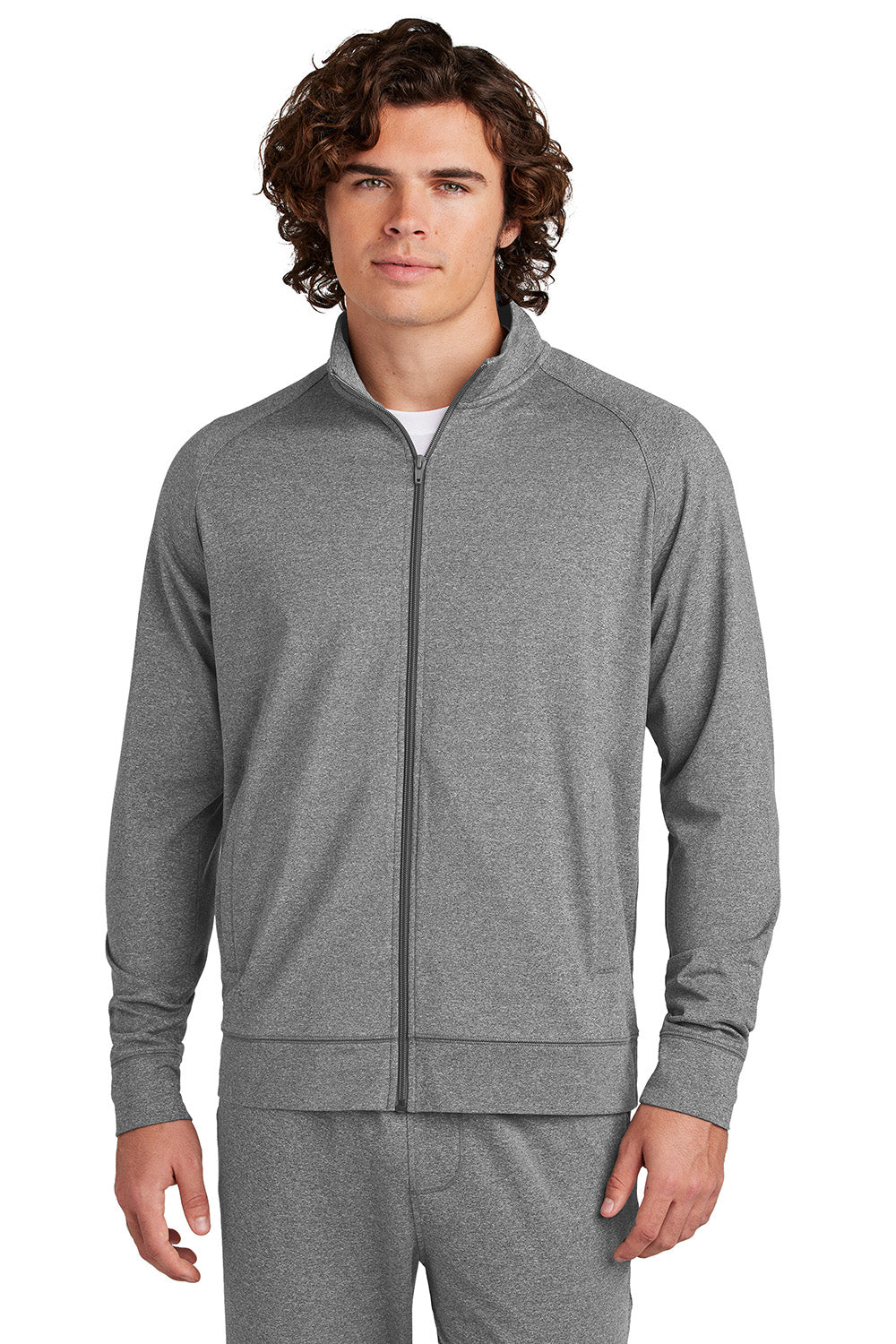 Sport-Tek ST857 Mens Sport-Wick Stretch Full Zip Cadet Jacket Heather Charcoal Grey Model Front