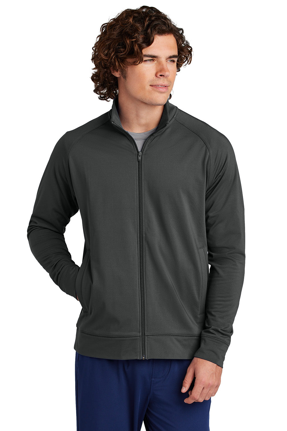 Sport-Tek ST857 Mens Sport-Wick Stretch Full Zip Cadet Jacket Charcoal Grey Model Front