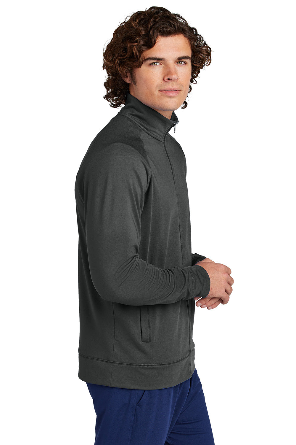 Sport-Tek ST857 Mens Sport-Wick Stretch Full Zip Cadet Jacket Charcoal Grey Model Side