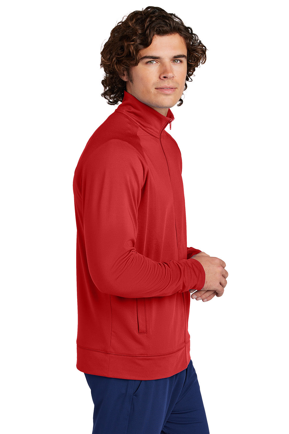 Sport-Tek ST857 Mens Sport-Wick Stretch Full Zip Cadet Jacket Deep Red Model Side