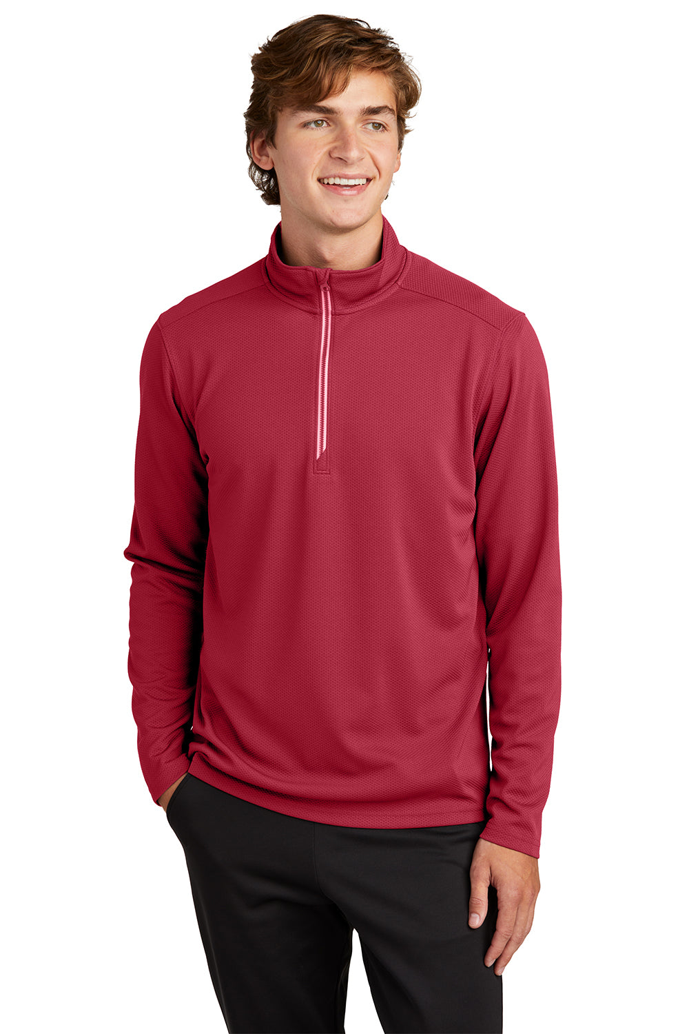 Sport-Tek ST860 Mens Sport-Wick Moisture Wicking 1/4 Zip Sweatshirt Deep Red Model Front