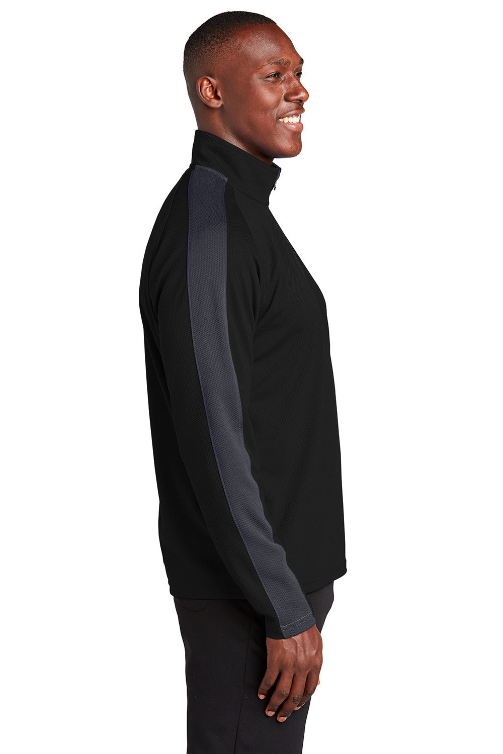 Sport-Tek ST861 Mens Sport-Wick Moisture Wicking 1/4 Zip Sweatshirt Black/Iron Grey Model Side