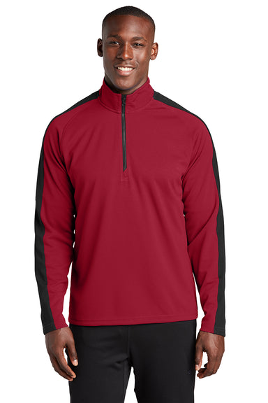 Sport-Tek ST861 Mens Sport-Wick Moisture Wicking 1/4 Zip Sweatshirt Deep Red/Black Model Front