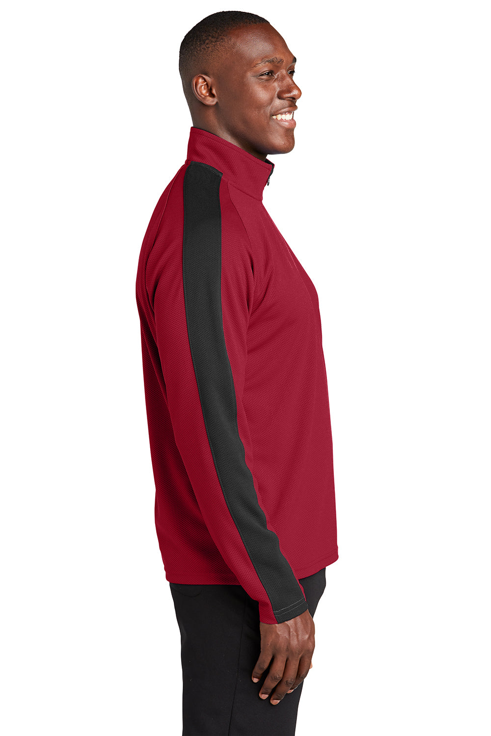 Sport-Tek ST861 Mens Sport-Wick Moisture Wicking 1/4 Zip Sweatshirt Deep Red/Black Model Side