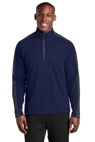 Sport-Tek ST861 Mens Sport-Wick Moisture Wicking 1/4 Zip Sweatshirt True Navy Blue/Iron Grey Model Front