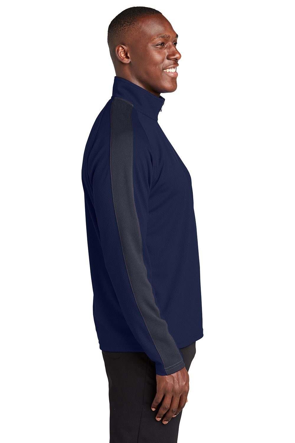 Sport-Tek ST861 Mens Sport-Wick Moisture Wicking 1/4 Zip Sweatshirt True Navy Blue/Iron Grey Model Side